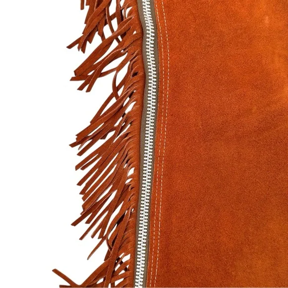 TALON ZIPPER RARE Pre 1960s Vintage Brown Distressed Suede Fringe Trim Chaps - Picture 10 of 12